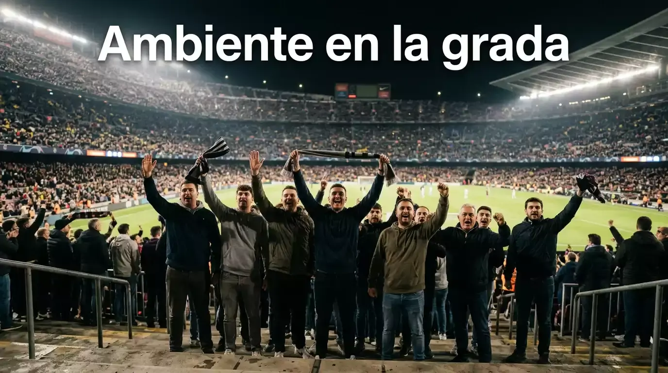 Aficionados de futbol celebrando en la grada durante un partido de Champions League