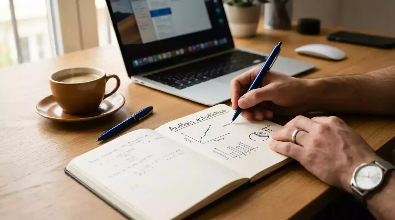 Persona analizando estadisticas de futbol en un escritorio con graficos y anotaciones