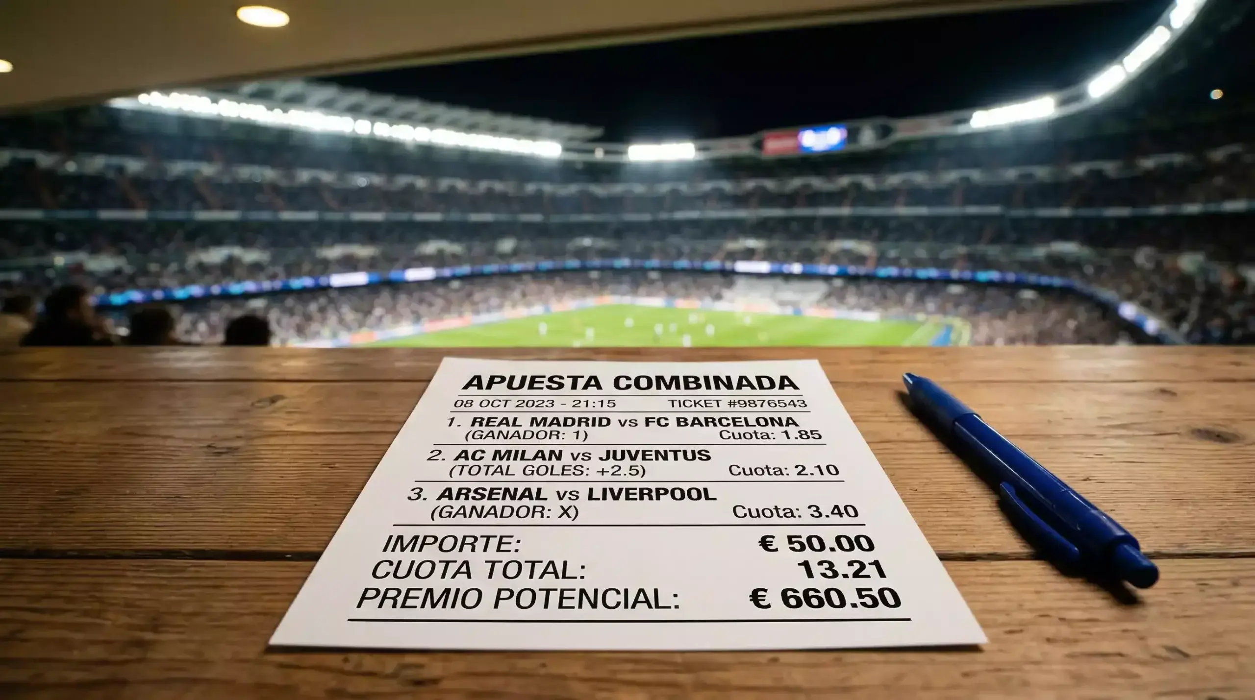 Boleto de apuestas deportivas sobre una mesa con un bolígrafo y un estadio de fútbol iluminado de fondo