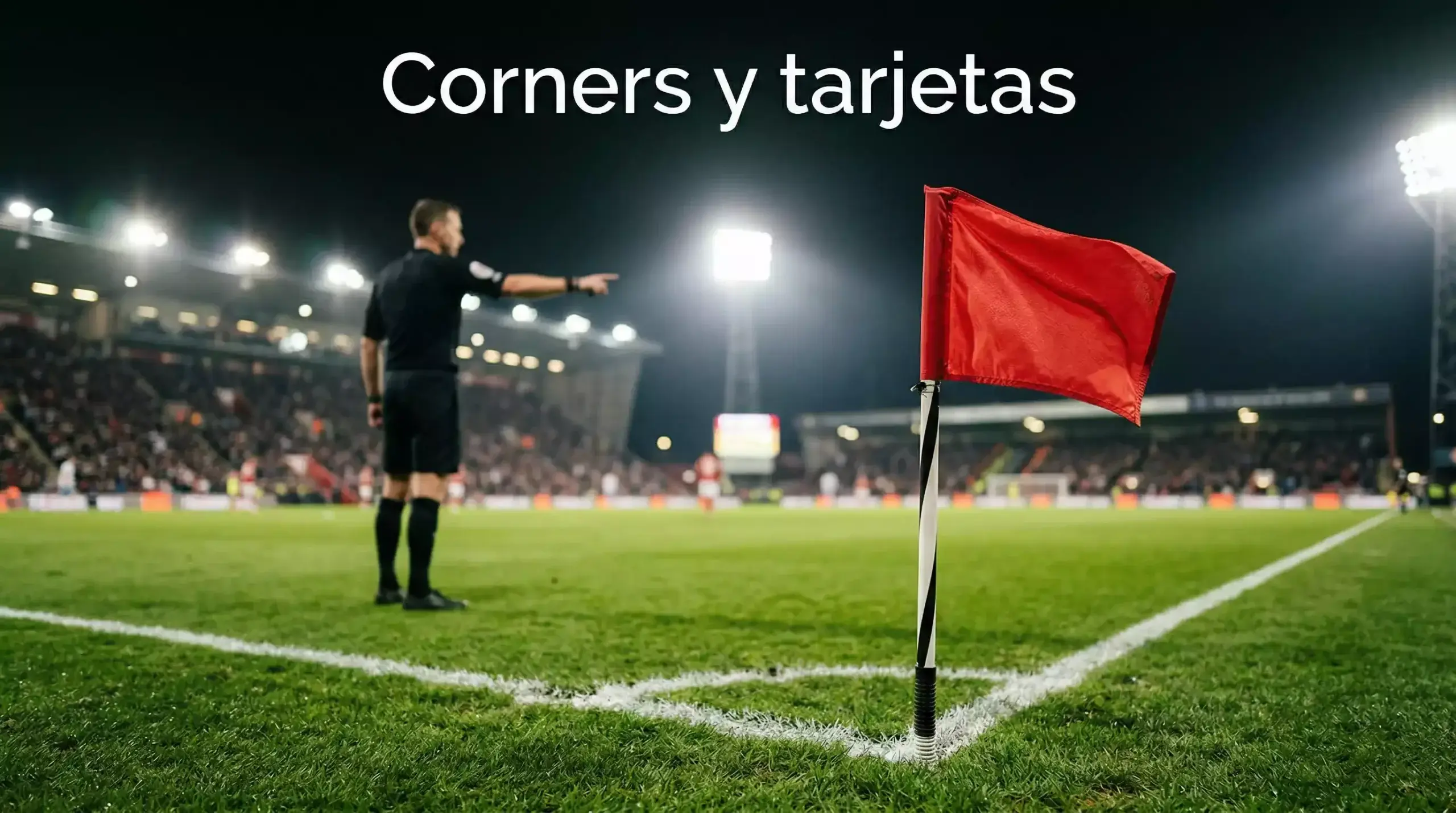 Banderín de córner en un campo de fútbol de Champions League con el árbitro señalando al fondo
