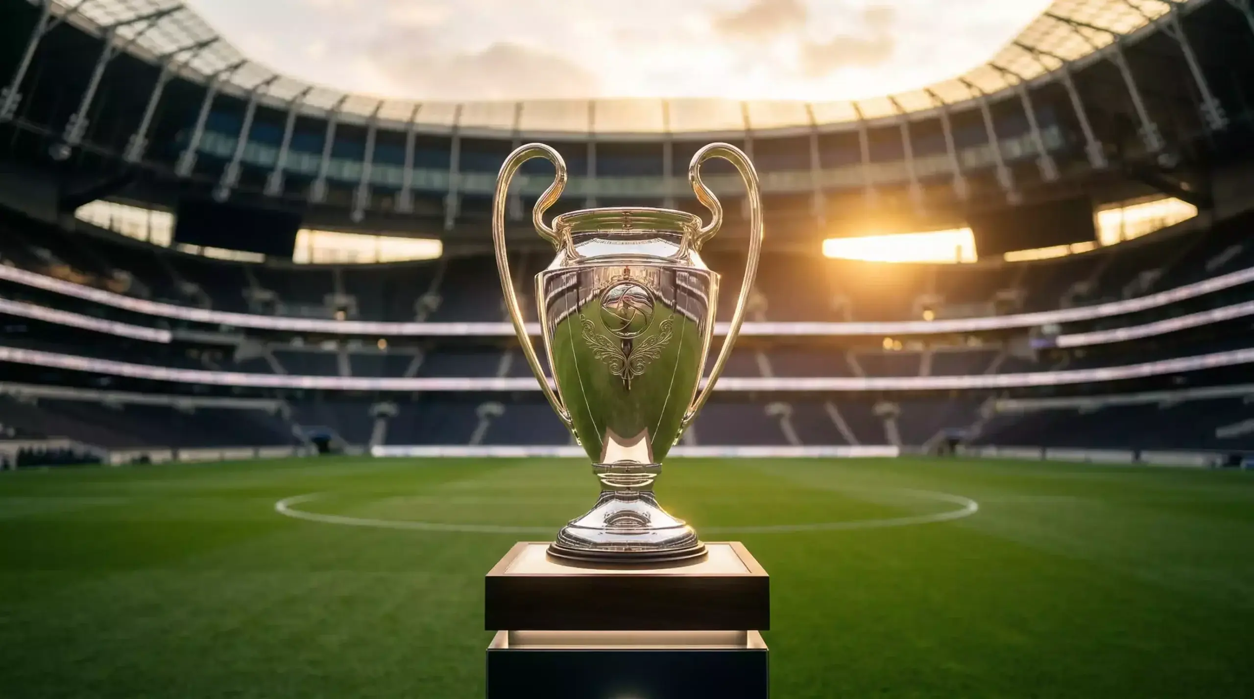 Trofeo de la Champions League sobre un pedestal iluminado en el centro de un estadio vacío al atardecer