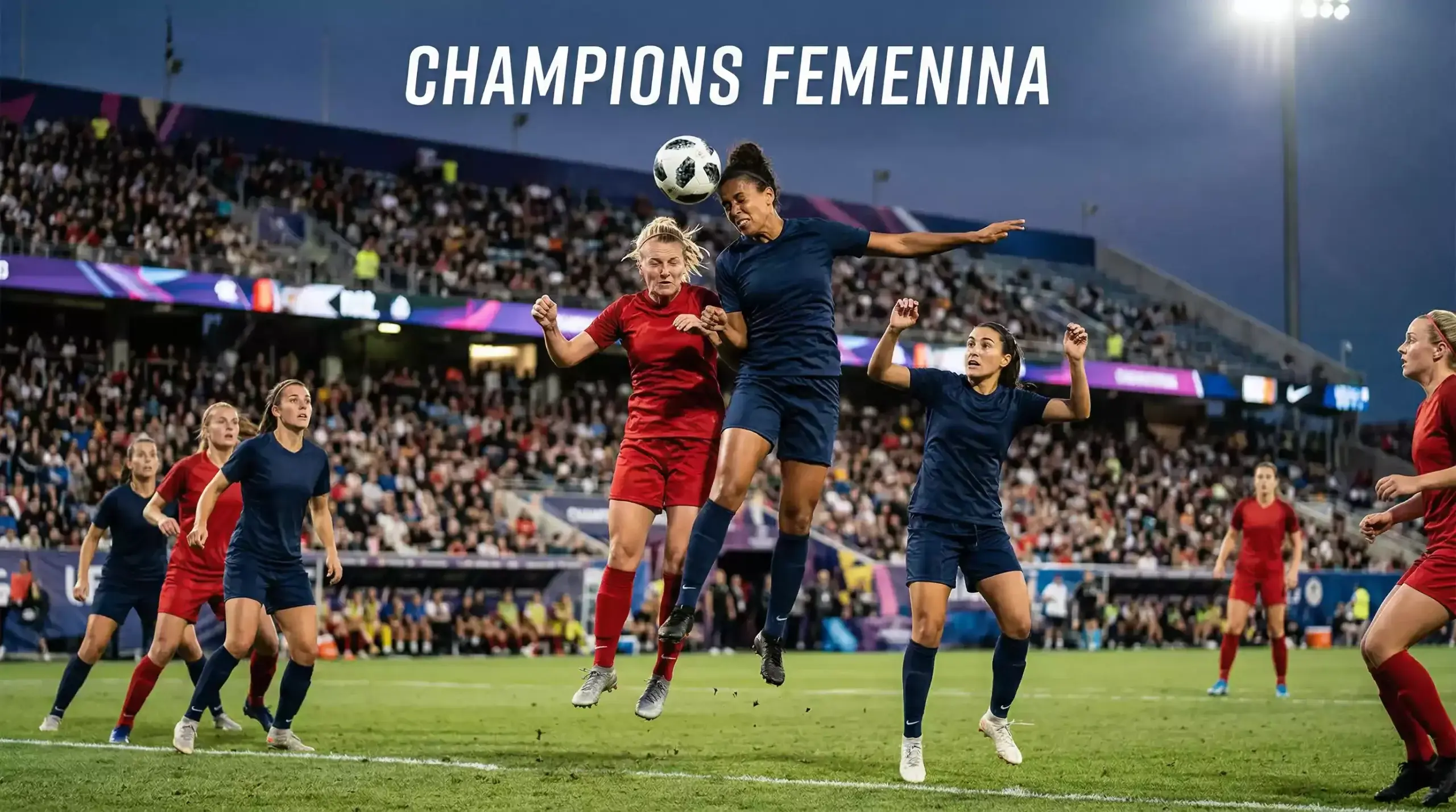 Jugadoras de fútbol femenino disputando un balón aéreo en un estadio durante un partido de Champions League femenina