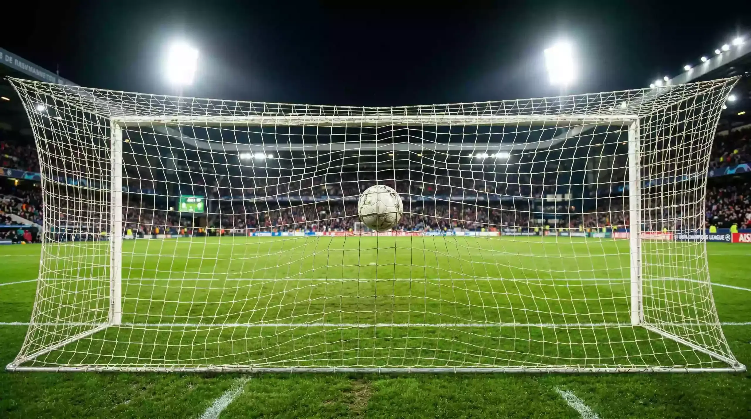 Dos porterías de fútbol enfrentadas en un campo de Champions League con las redes ondulando tras recibir gol