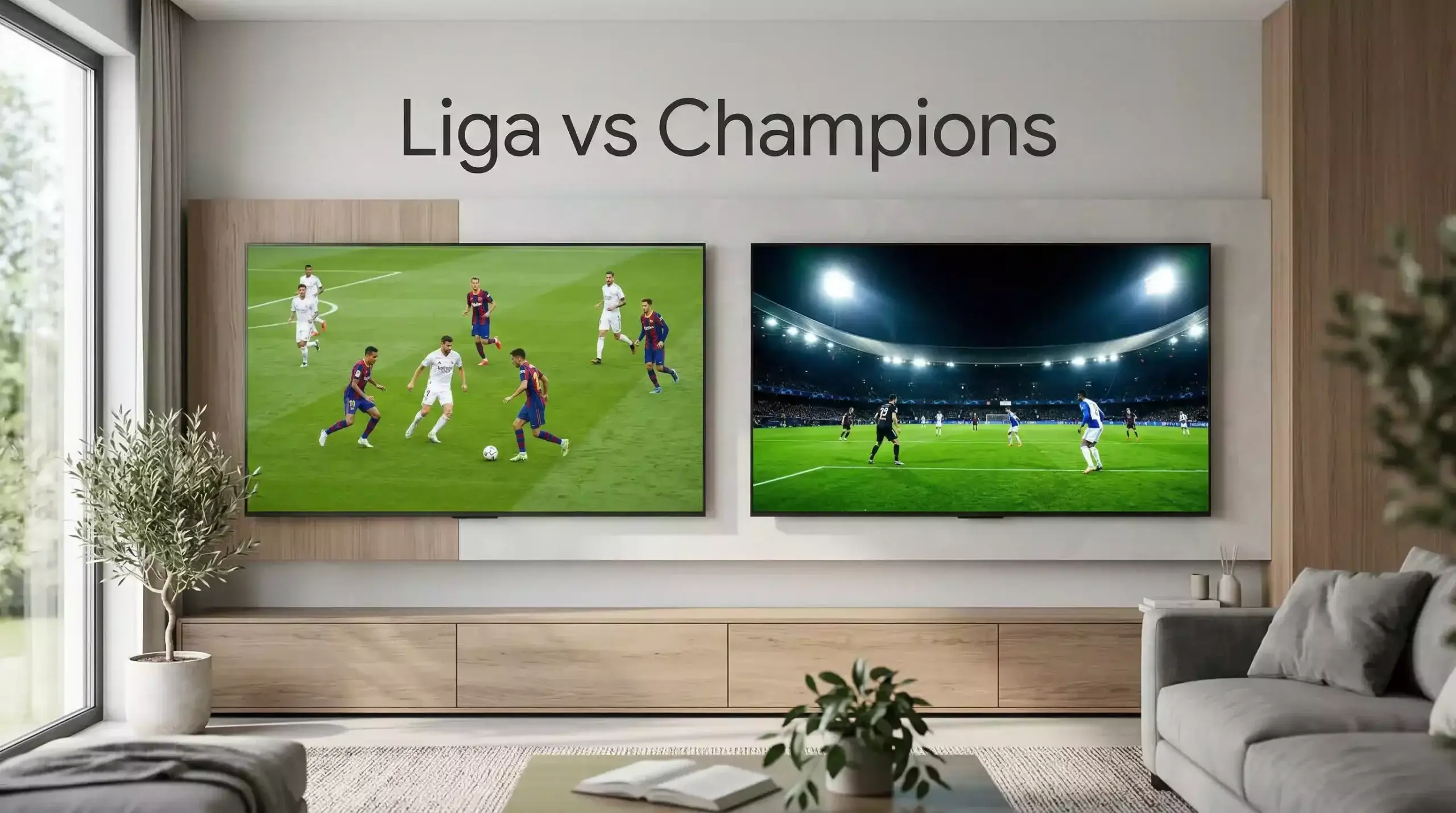 Dos pantallas de televisión mostrando un partido de liga y un partido de Champions League simultáneamente