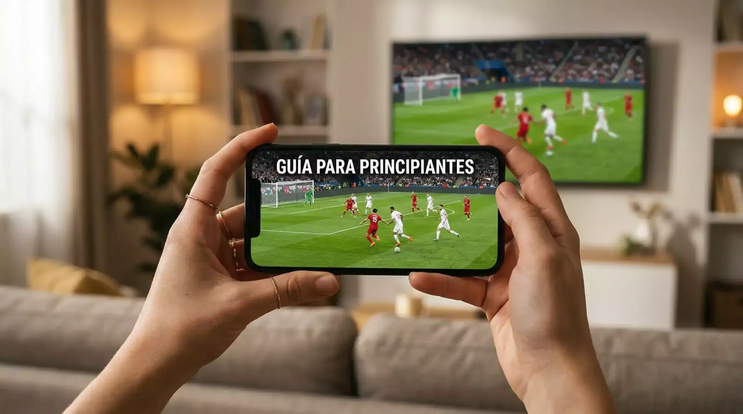 Persona utilizando un teléfono móvil frente a una pantalla con un partido de fútbol de Champions League