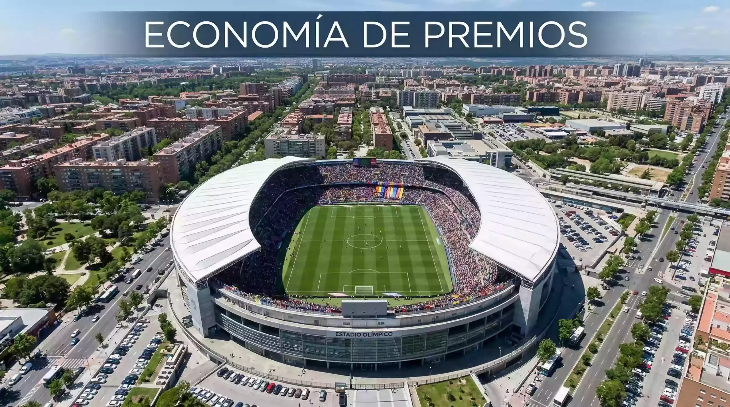 Estadio de fútbol visto desde arriba con gráficos de premios económicos superpuestos