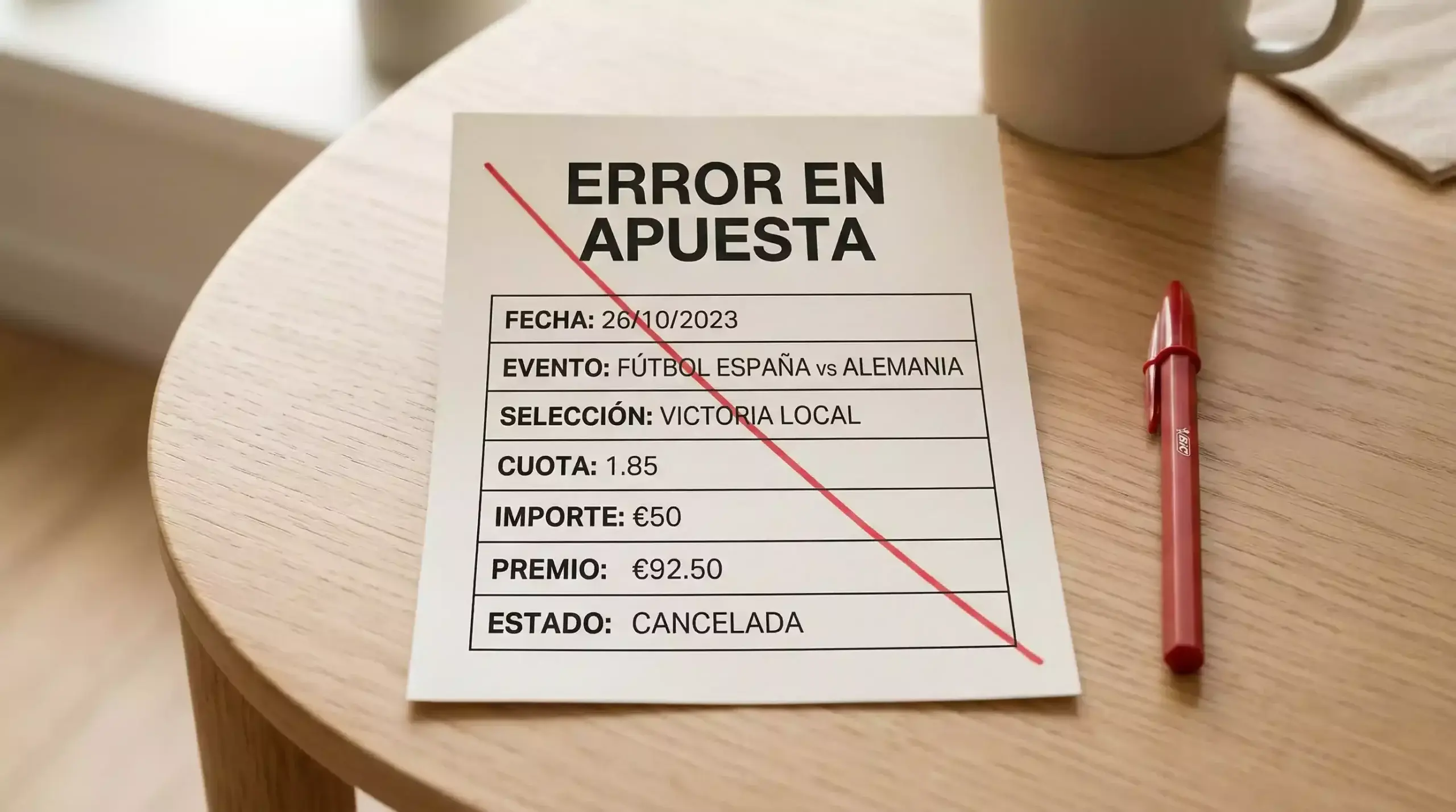 Boleto de apuestas deportivas tachado con un bolígrafo rojo sobre un escritorio