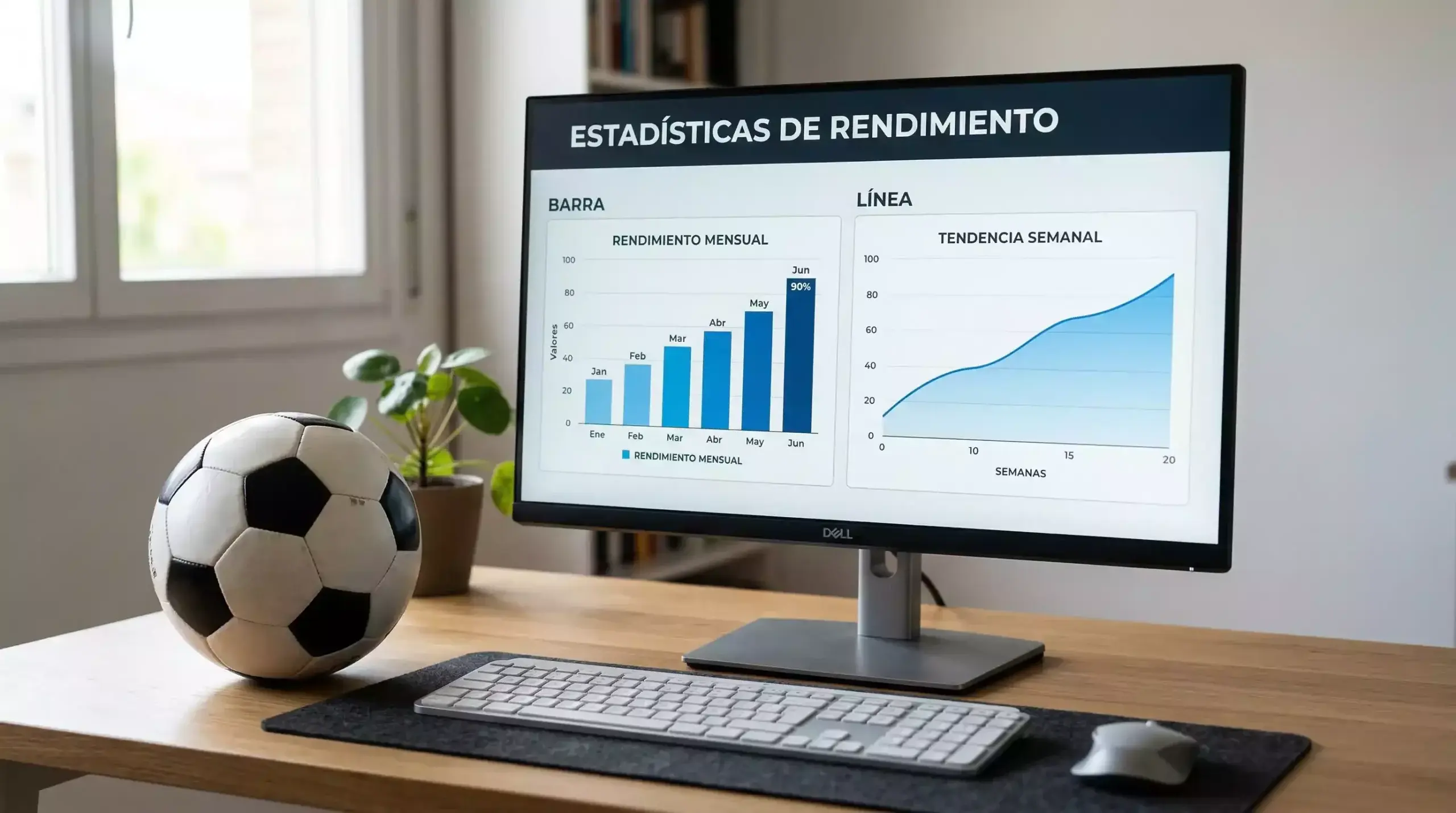 Pantalla con gráficos estadísticos de rendimiento futbolístico y un balón de la Champions League en primer plano