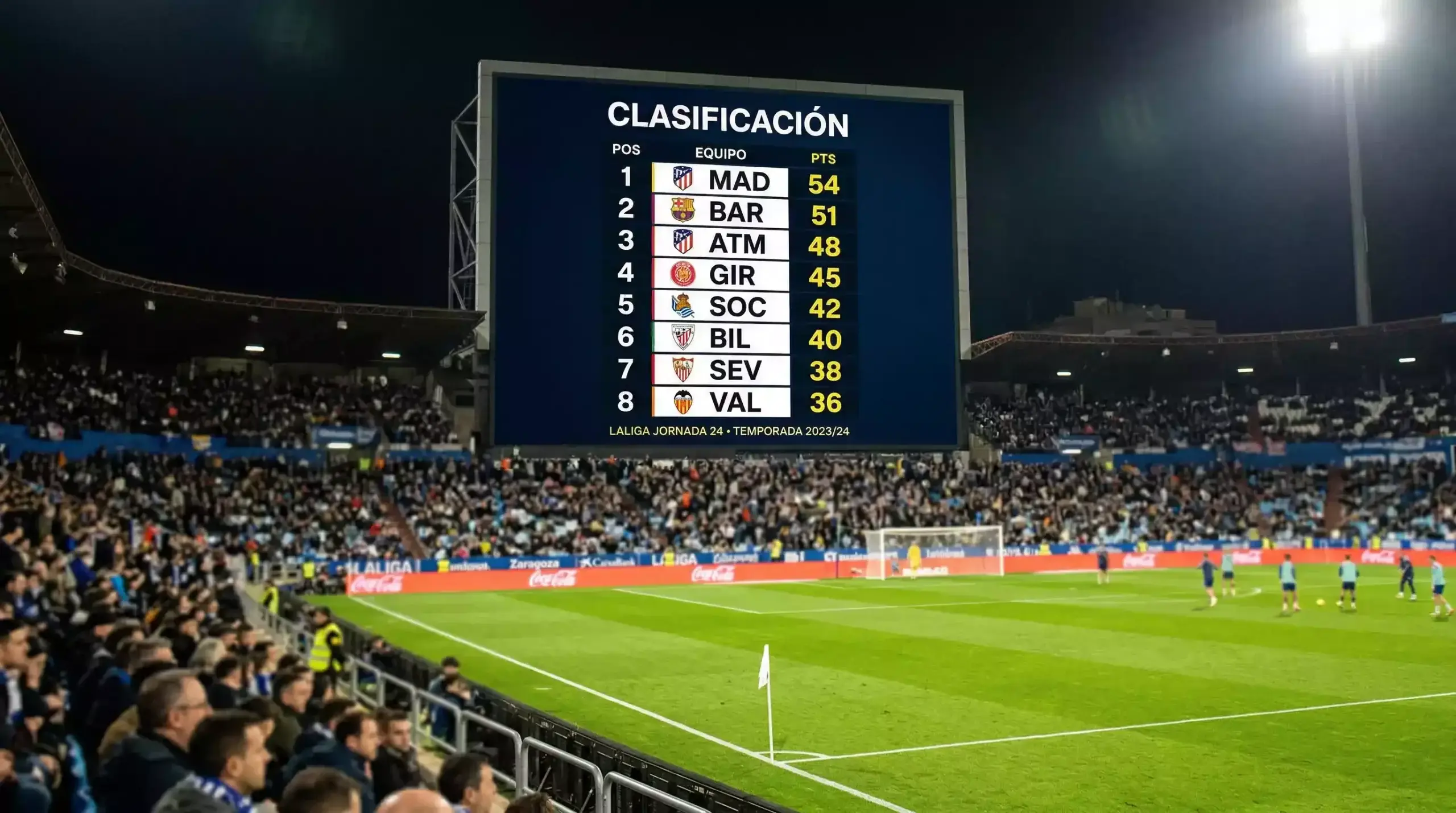 Tabla de clasificación de la Champions League proyectada en la pantalla gigante de un estadio de fútbol