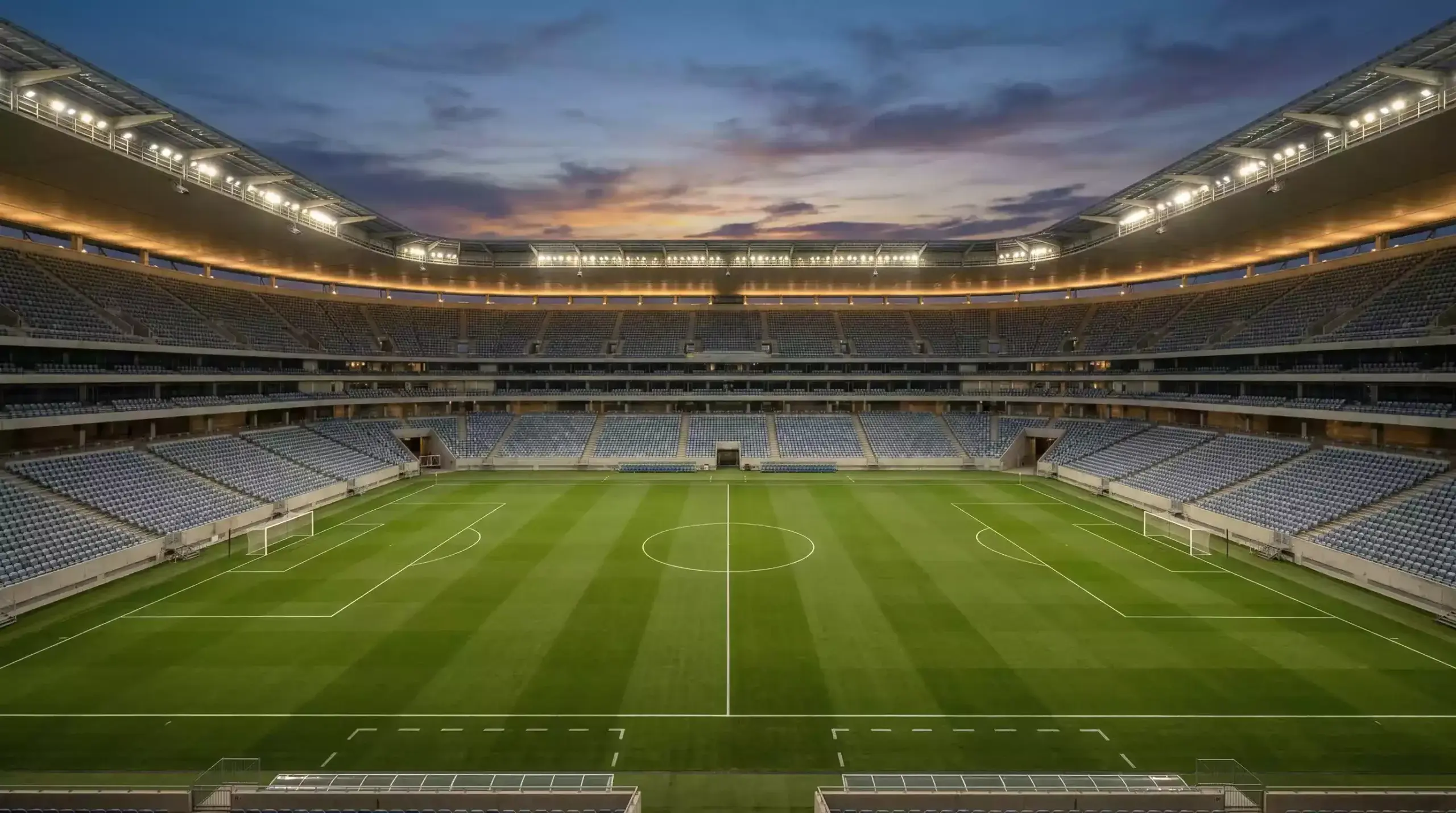 Estadio de fútbol preparado para una final de Champions League con el césped iluminado y las gradas vacías