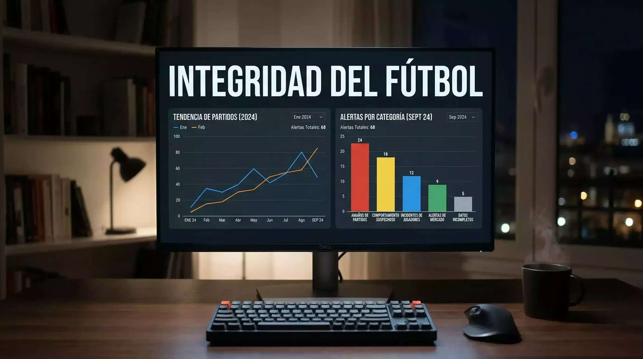 Sistema de monitoreo de apuestas deportivas con pantallas mostrando alertas en tiempo real