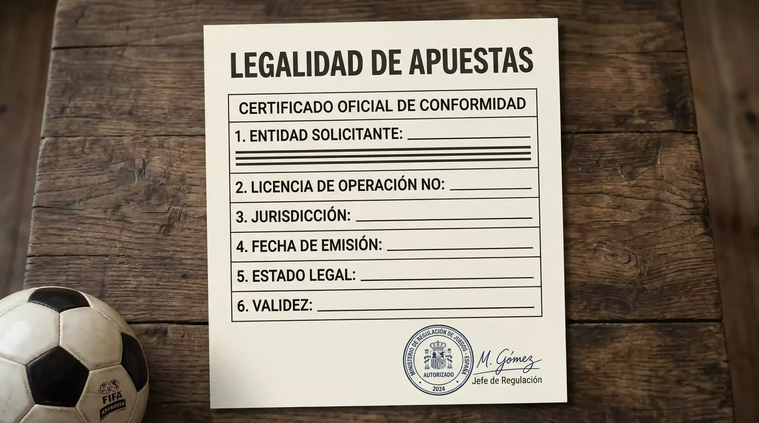 Documento oficial con sello de la DGOJ sobre un escritorio junto a un balón de fútbol