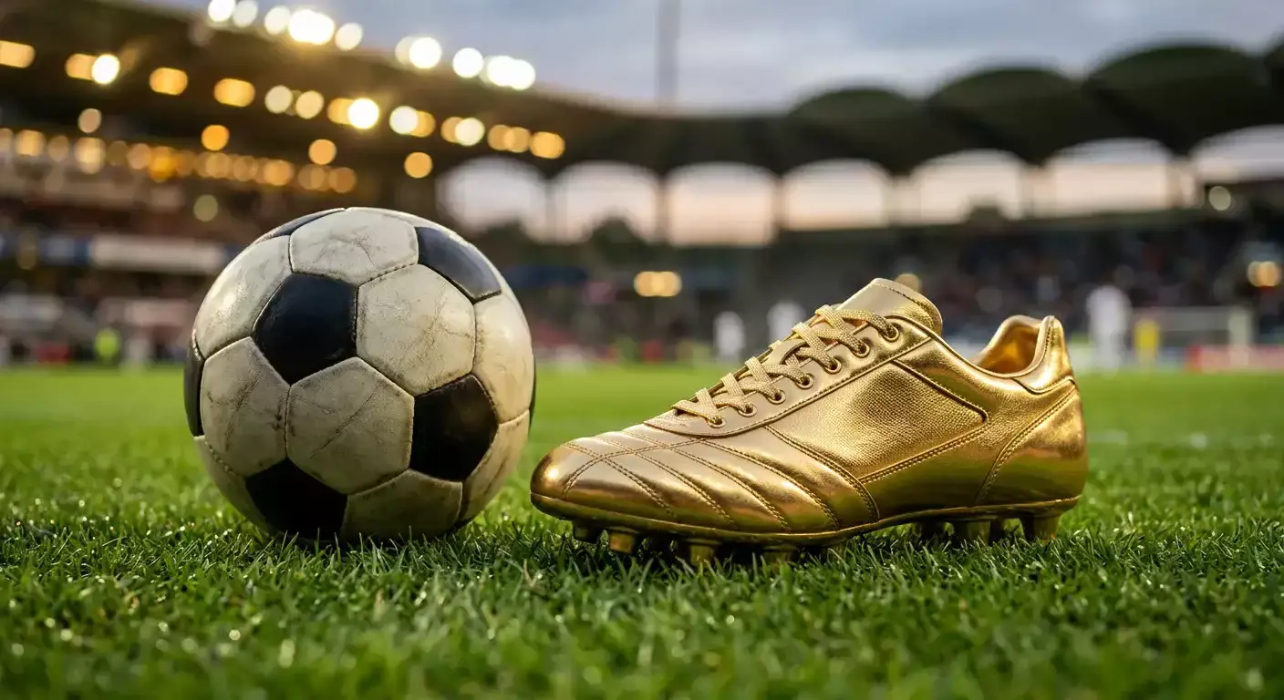 Bota de fútbol dorada sobre césped de estadio con un balón de la Champions League al lado