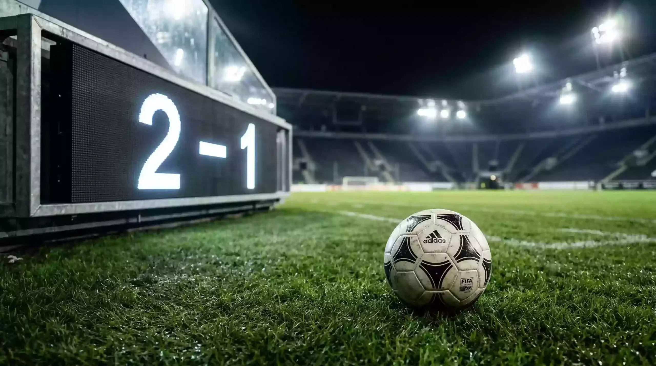 Balón de fútbol junto a un marcador electrónico con el resultado 2-1 en un estadio de Champions League iluminado de noche
