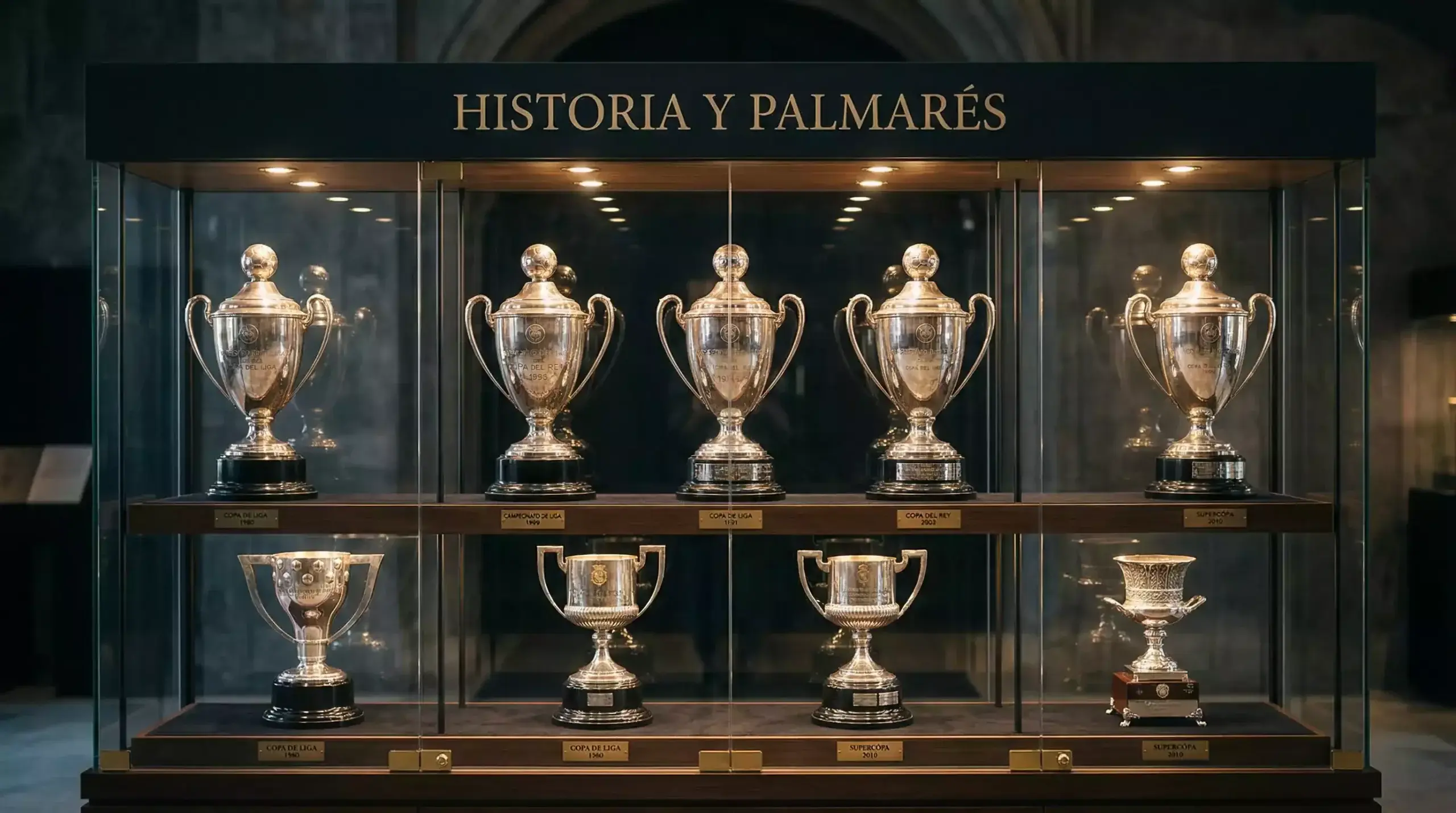 Vitrina de trofeos de la Champions League iluminada en un museo de fútbol