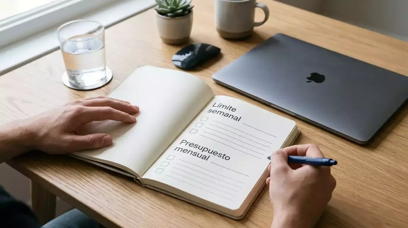 Persona escribiendo en un bloc de notas con un plan de gestion de presupuesto para apuestas deportivas