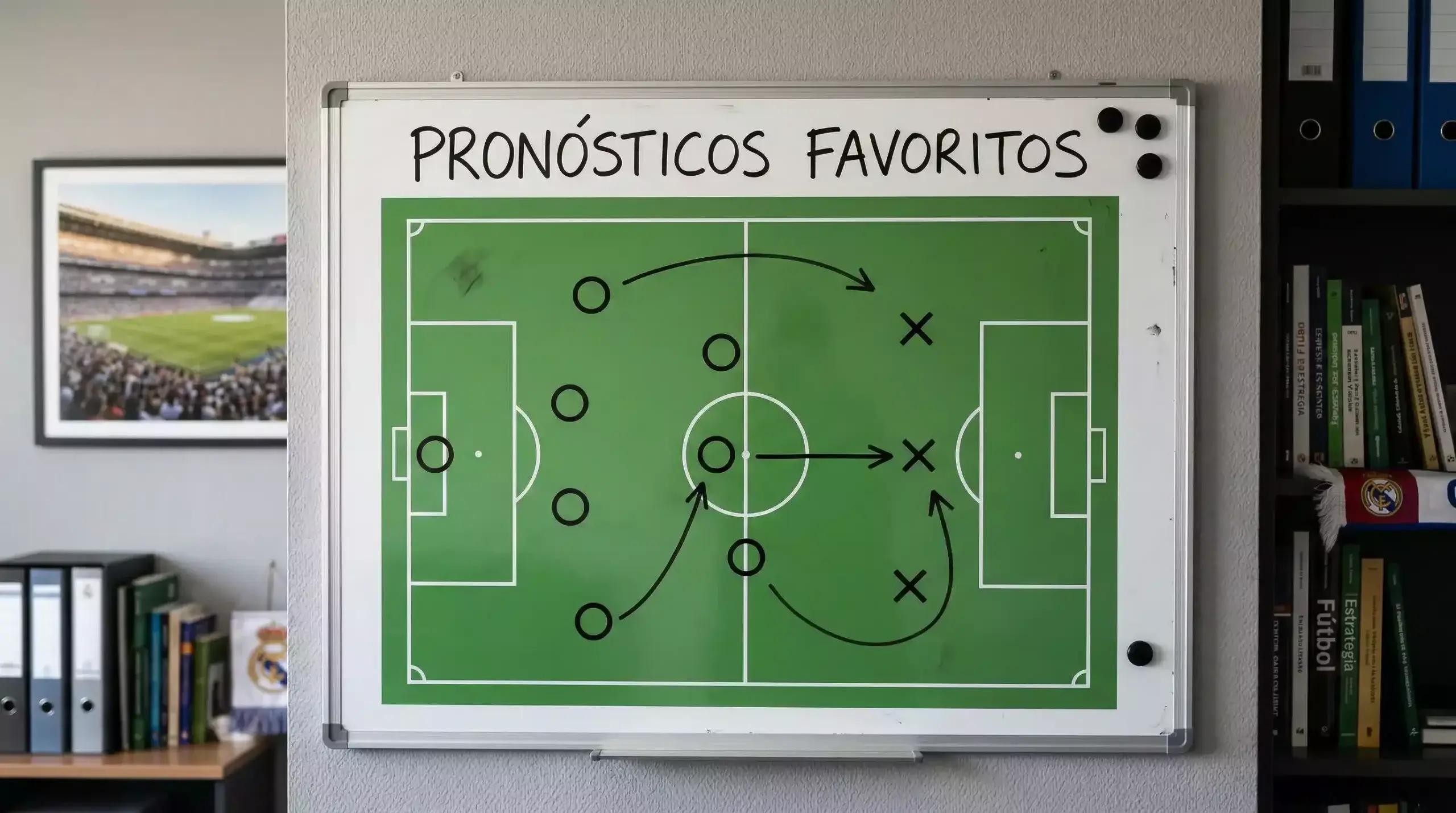 Pizarra táctica de fútbol con formaciones dibujadas y un estadio de Champions League al fondo