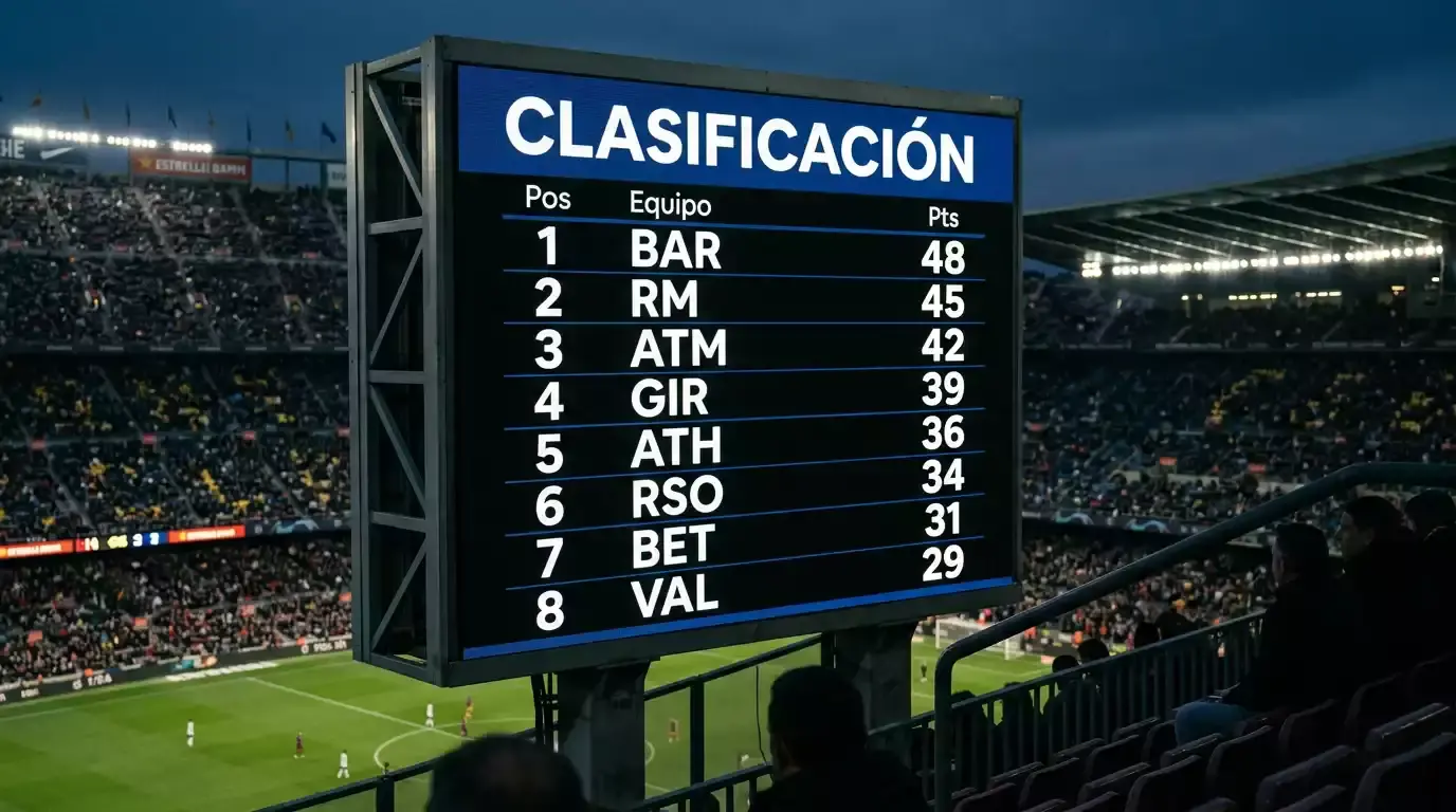 Pantalla de estadio mostrando la tabla de clasificacion de la Champions League formato Swiss system