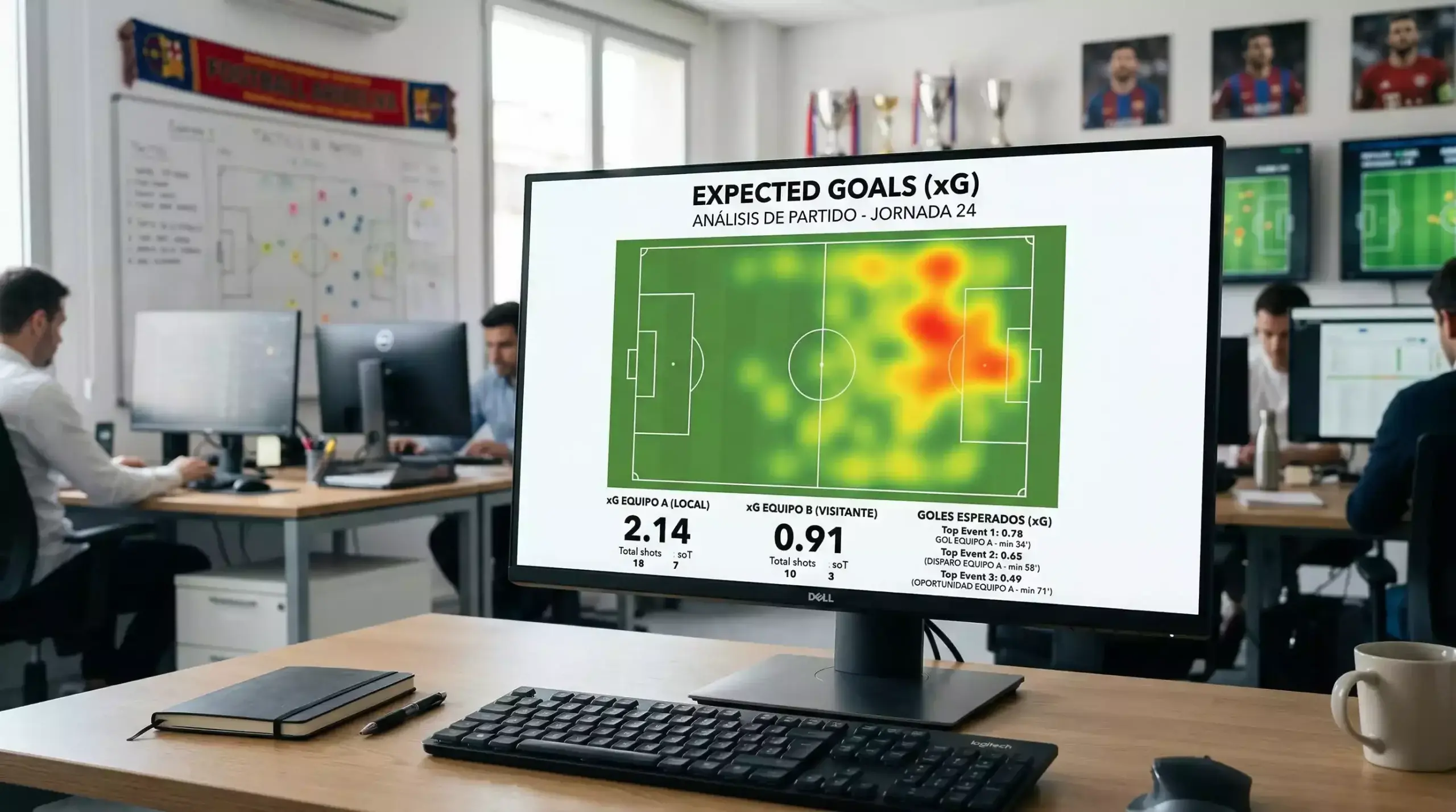 Mapa de calor de remates en un campo de fútbol con valores de xG marcados en cada posición de disparo